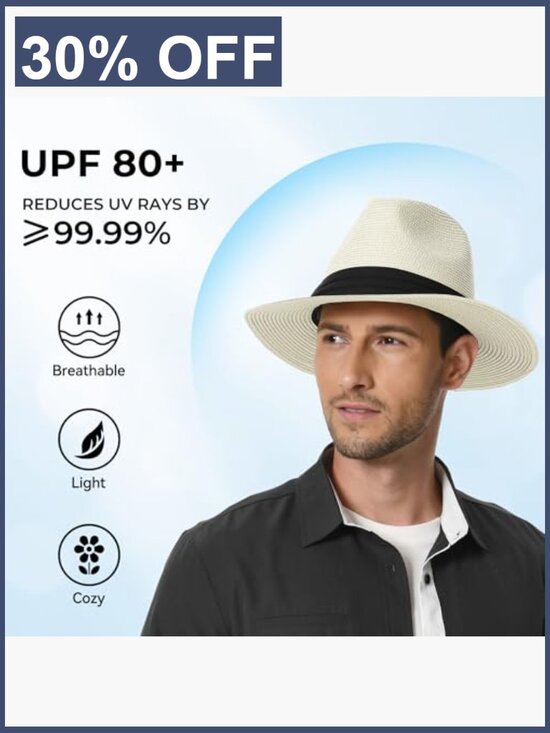 Wide Brim Straw Fedora Hat for Men Women UPF 50+ Sun Protection Beach